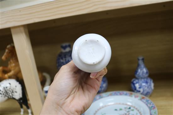 Two pairs of blue and white Chinese vases, two others and a dish tallest 23cm